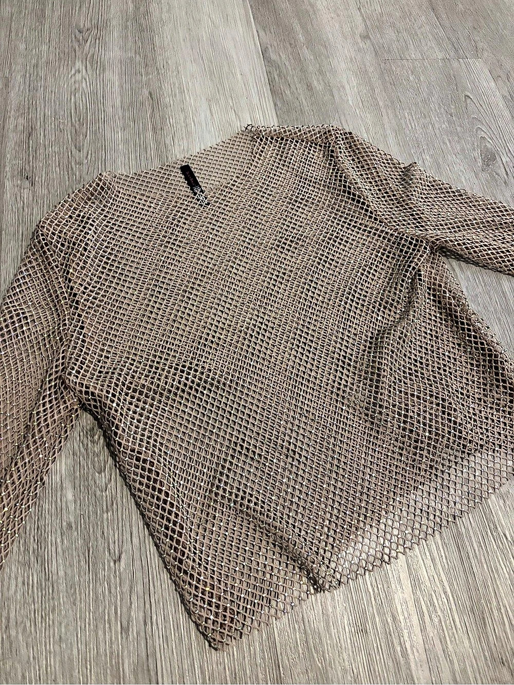 Long Sleeve Sequin Mesh Top in Tan Like New